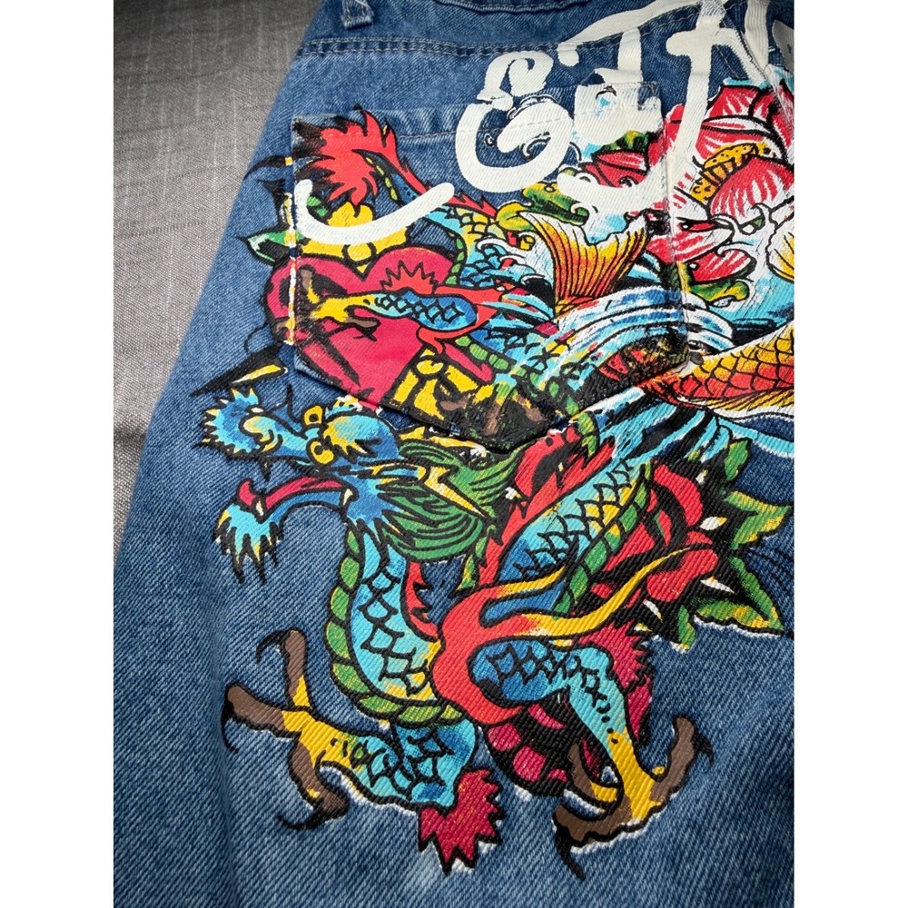 Ed Hardy Denim Women 24 Blue Flare Jeans Tattoo Graphic Tiger Dragon WEHDB100-3 - Picture 12 of 16